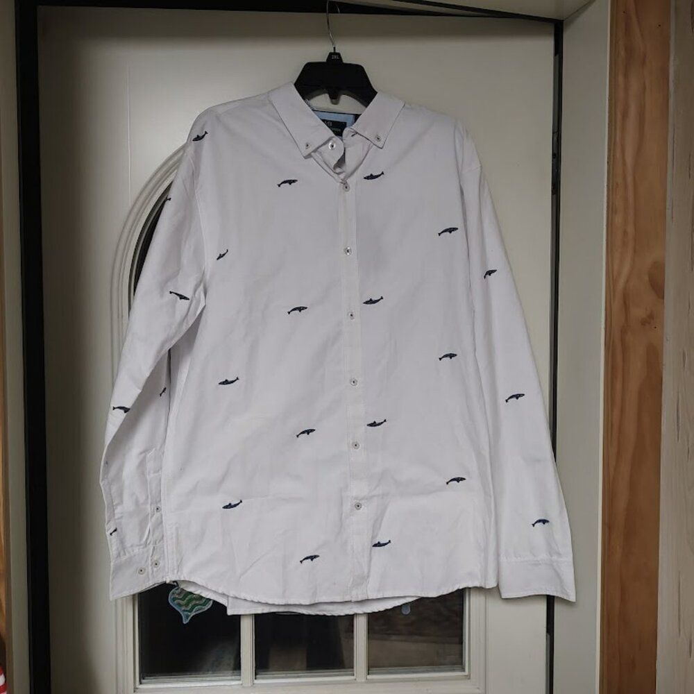 New Michael Brandon Slim Fit White With Whales Button Down Shirt Men's XL
